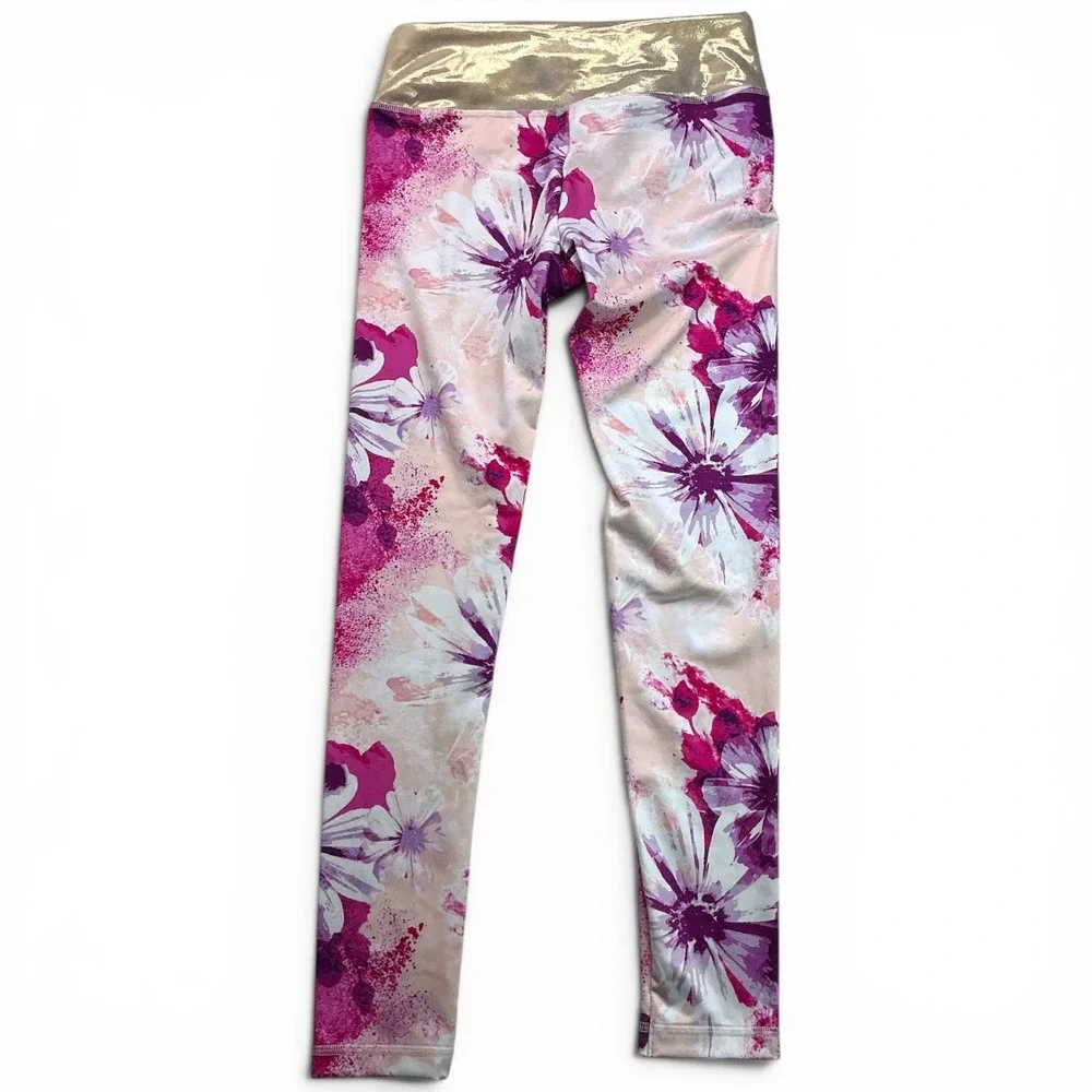 Justice Multi Pink Floral Leggings Kids Size L 12/14 Gold Metallic Waistband